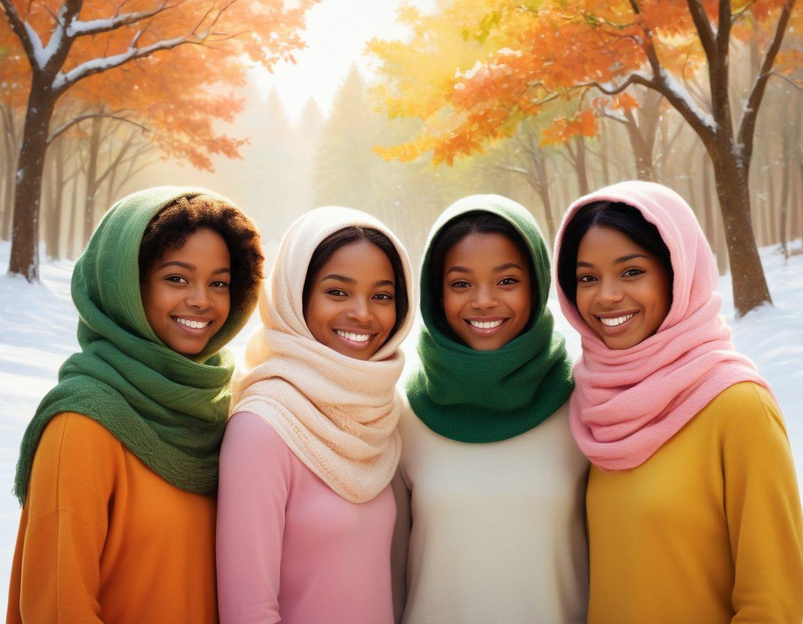 A cozy scene featuring a diverse group of friends wearing colorful cowls in various seasonal settings: autumn leaves, winter snow, spring blossoms, and summer sun. Each friend expresses joy through their outfits, showcasing a blend of textures and vibrant colors. The background transitions seamlessly through the four seasons, enhancing the warmth and comfort of the cowls. Illustrative, whimsical style. vibrant colors. soft focus.