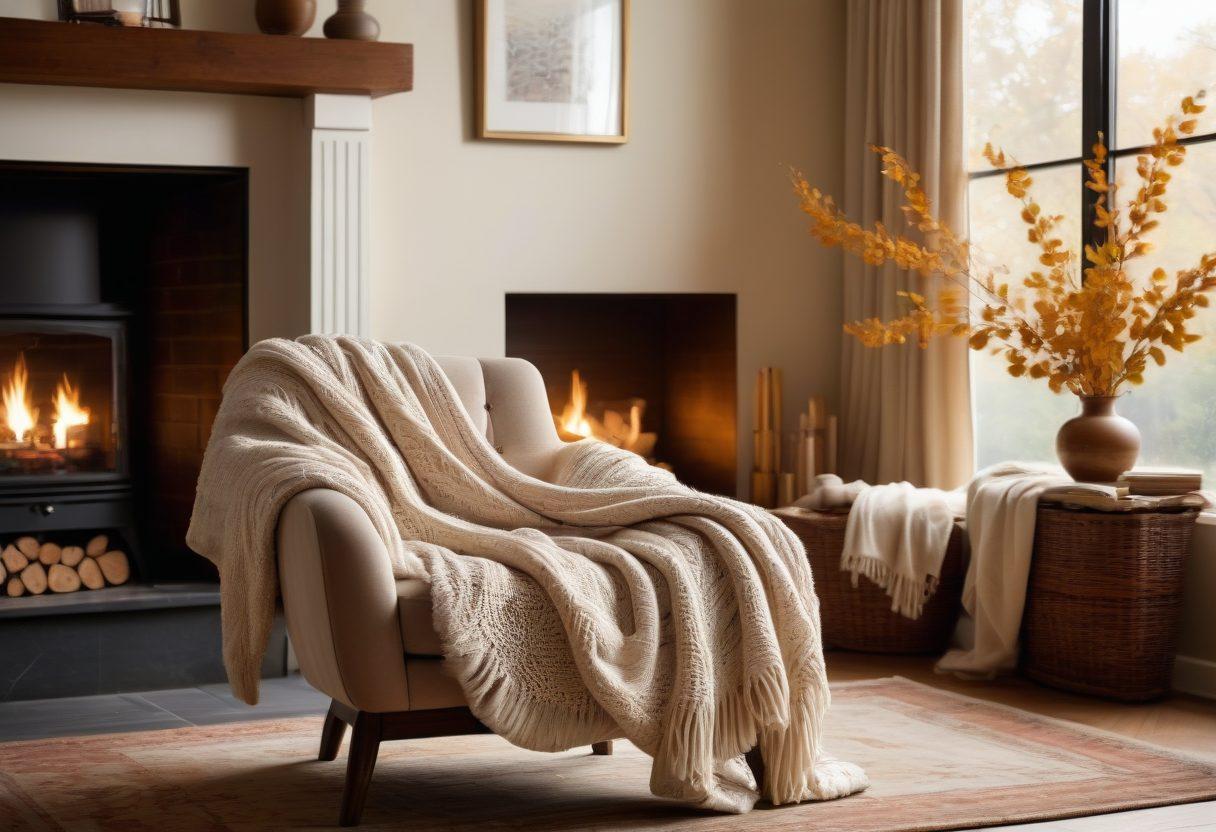 A warm, inviting scene featuring a stylish, oversized cowl sweater draped over a cozy armchair by a fireplace, surrounded by soft throw blankets and plush pillows. A steaming cup of tea sits on a side table, with golden autumn leaves visible outside a window, creating a sense of blissful comfort and chic style. The color palette should be warm neutrals and earthy tones. super-realistic. warm lighting.