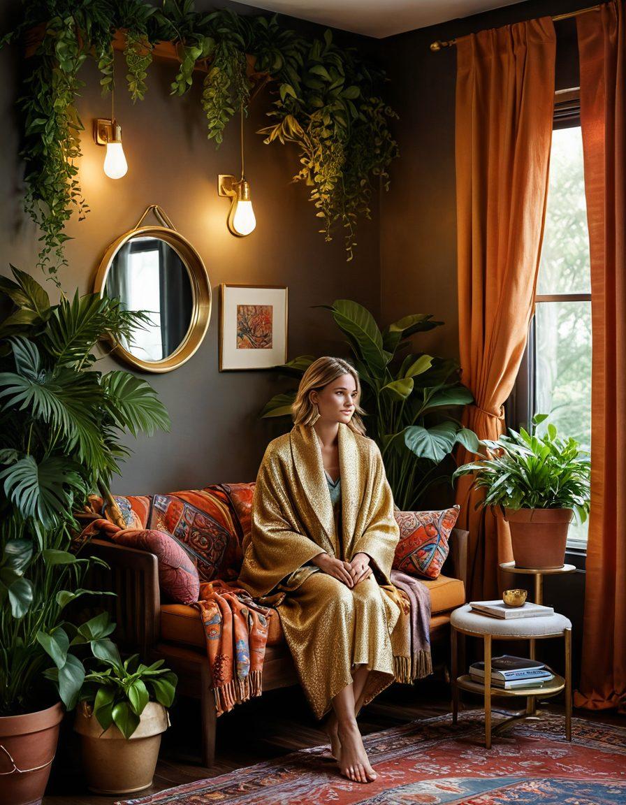 A cozy setting featuring a stylish person wearing an ecstatic cowl covering, surrounded by a vibrant array of textured fabrics and colors. The background shows a beautifully arranged wardrobe filled with various fashionable garments, enhancing the snug atmosphere. Soft, warm lighting casts a glow, making the scene inviting and chic. Include elements of nature like indoor plants for a refreshing touch. super-realistic. vibrant colors. warm lighting.